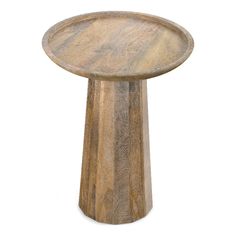 a wooden table that is made out of wood and has a round base with an oval top