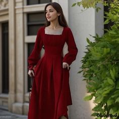 Olivia Mark - Vintage High-Waisted Palace-Sleeved Dress with Pleated Front and Mandarin Collar - Perfect for Formal Occasions. Maroon Long Sleeve Dress, Mandarin Dress, Expensive Dresses, Mandarin Collar Dress, Lace Swimsuit, Court Dresses, Work Style, Black Long Sleeve Dress, Formal Attire