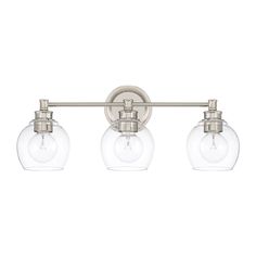 three light bathroom fixture with clear glass globes on an antique style metal frame and brushed steel finish