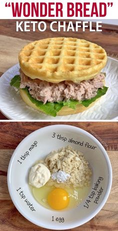 two plates with waffles, eggs and meat on them are labeled wonder bread keto chaffle