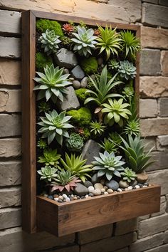 a wall mounted planter with succulents and rocks in the bottom half