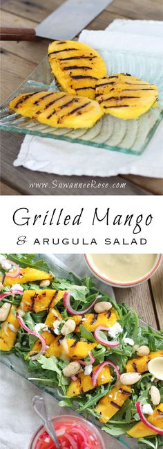 grilled mango and arugula salad on a platter