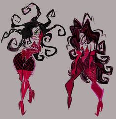 two drawings of women dressed in red and black