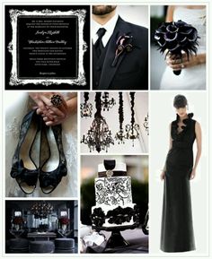 a collage of black and white images with wedding details in the background, including shoes, dress, veil, necklaces, ring, bracelet