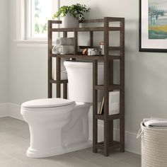 a white toilet sitting next to a shelf filled with books