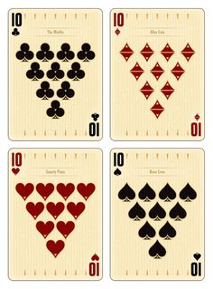 four different playing cards with hearts and spades on the sides, all in red and black