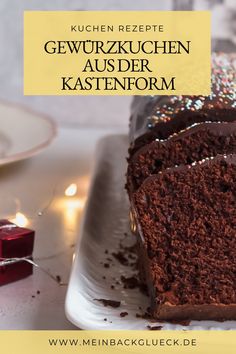 a slice of chocolate cake on a white plate with the words gewurruchen ausder kastenformum