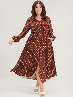 Polka Dot Lantern Sleeve Pocket Ruffle Tiered Split Maxi Dress Polka Dot Maxi Dresses, Trendy Dress, Split Maxi Dress, Dresses Dresses, Plus Size Clothing For Women, Lantern Sleeve, Womens Clothing Sizes, Lantern Sleeves, Sleeve Detail