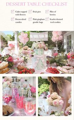 the dessert table checklist is filled with pink and white treats, cake pops, and cupcakes