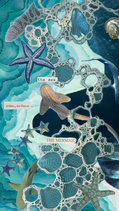 an ocean scene with shells, starfish and other marine life on the bottom half of it