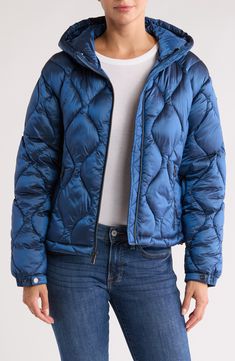 Stay warm in this water-resistant quilted puffer jacket featuring a cozy drawcord hood and secure zip pockets. 23 1/2" length (size Medium) Front zip closure Drawcord-toggle hood Adjustable snap cuffs Front zip pockets Nylon lining, with recycled polyester fill 100% nylon Dry clean or machine wash, tumble dry Imported Hooded Puffer Jacket With Drawstring For Cold Weather, Hooded Puffer Jacket With Zipper For Outdoor Activities, Hooded Puffer Jacket For Outdoor Activities, Long-sleeve Nylon Puffer Jacket With Double-lined Hood, Nylon Puffer Jacket With Double-lined Hood, Blue Nylon Parka With Adjustable Hood, Blue Nylon Outerwear With Adjustable Hood, Hooded Puffer Quilted Jacket For Fall, Hooded Quilted Puffer Jacket For Fall