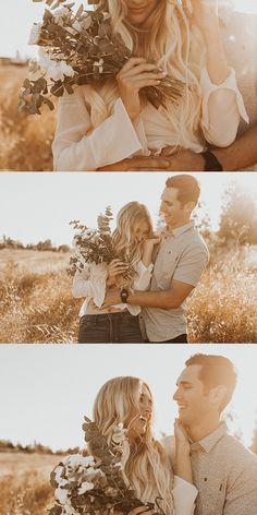 two people are standing in the grass and one is holding flowers