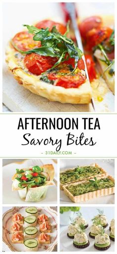 a collage of different types of food with the words afternoon tea savory bites