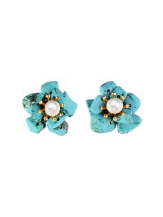 Turquoise Flower Earrings earrings Vinty Jewelry Elegant Turquoise Flower Earrings, Elegant Turquoise Earrings With Natural Stones, Turquoise Flower Earrings, Silver Casting, Turquoise Flowers, Flower Stud Earrings, Flower Stud, Turquoise Stones, Touch Of Gold