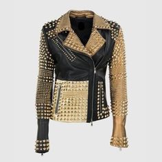 New+Handmade+Woman+Punk+Brando+Full+Golden+Studded+Black+Biker+Cowhide+Leather+Stylish+Jacket      Condition:+Brand+New+With+Tags    Material:+Original+leather    Color:+Black++    Size:+Kindly+See+Size+Chart    Inside:+Soft+Smooth+Lining    Style:+Rock+Punk+Studded    Closing:+YKK+Zipper    Any+... Jaket Motor, Stylish Leather Jacket, Gothic Jackets, Steampunk Dress, Studded Leather Jacket, Punk Dress, Studded Jacket, Hand Accessories, Biker Leather