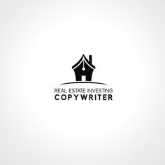 the real estate investing copywriter logo is black and white with an image of a house