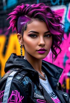 Purple Hair Color Ideas For Short Hair, Half Shaved Hair, Mohawk Hairstyles, Edgy Short Hair, Punk Hair, Funky Hairstyles, Very Short Hair, Hair Dye Colors