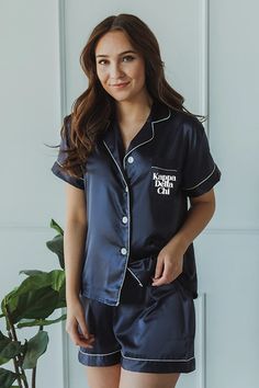 Navy Block font Pajamas - Kappa Delta Chi – Spikes and Seams Greek Phi Sigma Pi, Kappa Delta Chi, Phi Sigma Rho, Alpha Alpha, Satin Pjs, Bridesmaid Pjs, Alpha Epsilon Phi, Sigma Delta Tau, Alpha Sigma Tau