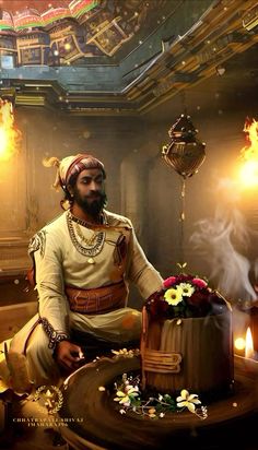 a man sitting on top of a wooden table next to a cake covered in flowers