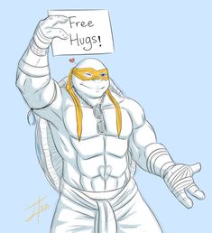 a drawing of a man with a sign in his hand that says free hugs on it