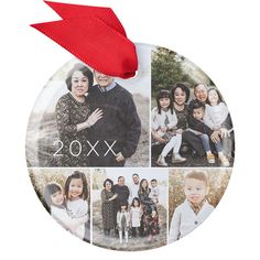 a family photo ornament hanging from a red ribbon