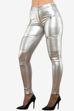 Elevate your style with the Chrome Rebel Biker Pants. These high-shine faux leather pants feature ribbed knee details and a sleek, body-hugging fit. Perfect for turning heads on a night out, these pants combine edgy design with ultimate comfort and stretch. Features: Materials: High-Stretch Faux Leather Fit: Skinny, Push-Up Effect Style: Sexy & Club, Biker-Inspired Occasion: Girls Night Out, Glamorous/Posh Season: Spring/Autumn/Winter Closure Type: Button Fly Length: Ankle-Length Embrace the future of fashion with the Chrome Rebel Biker Pants. Their bold metallic finish and sculpting fit make them the ultimate statement piece for your wardrobe, ideal for making a powerful impression. Biker Pants, Edgy Design, Stylish Pants, Popular Outfits, Edgy Look, Faux Leather Pants, Dress Pant, New Instagram, Student Gifts