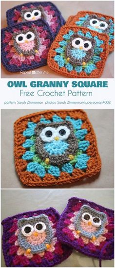 crocheted owl granny square is shown in three different colors and has the words owl granny