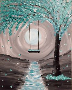 an acrylic painting of a tree and swing on the water with blue leaves