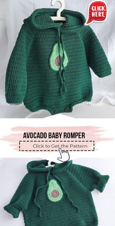 an image of a crocheted baby sweater with the words avocado baby romper on it