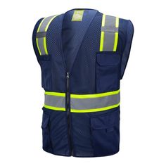 Introducing our Navy Blue High Visibility Safety Vest made with durable mesh fabric. This essential safety gear ensures optimal visibility and protection in various work environments. Available in sizes ranging from Small to 5XL, this versatile vest is suitable for all body types. The eye-catching design of this vest features vibrant yellow and silver stripes, guaranteeing maximum visibility even in low-light conditions. Its vivid color combination ensures that you stand out and remain easily identifiable, making it an ideal choice for construction sites, roadwork, warehouse operations, and other demanding workplaces. Crafted with the utmost attention to detail, this safety vest is equipped with multiple pockets to keep your essentials within easy reach. With conveniently placed front pock Durable Sleeveless Functional Vest, Blue Sleeveless Vest For Outdoor Activities, Safety Vest, Safety Gear, Protective Clothing, Vivid Color, Low Light, Color Combination, Mesh Fabric