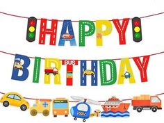 a birthday banner with cars and trucks on it that says, happy birthday bus parade