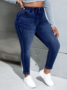 Jeans de cintura alta ajustados informales en tallas grandes Azul lavado oscuro    Mezclilla Liso ajustado Estiramiento medio  Women Plus Clothing, size features are:Bust: ,Length: ,Sleeve Length: Boys Fall Outfits, Stretchy Jeans, Plus Size Bra, Womens Tights, Tall Women, Inspiration Mode, Light Wash Denim, Stretch Pants