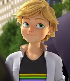 a cartoon boy with blonde hair and green eyes