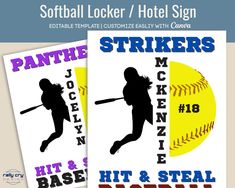 two softball themed posters with the words, softball locker / hotel sign and strikers hit & steal baseball