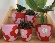 four flower pots with plants in them sitting on a shelf next to a planter