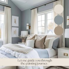 a bedroom with blue walls and white bedding, beige drapes, and pillows