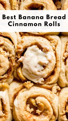 the best banana bread cinnamon rolls with icing on top are stacked up in rows