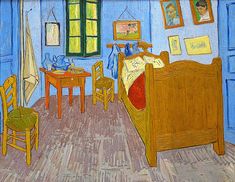 a painting of a bedroom with blue walls and wooden furniture