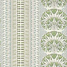 a green and white striped wallpaper with an intricate design on the bottom half of it