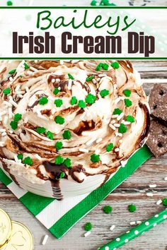 bailey's irish cream dip recipe on a plate with shamrocks and crackers