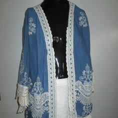 Solitaire 100% Rayon Blue With Cotton Blend White Embroidered Crochet Detail - Open Front With Crochet Throughout. White Boho Shirt, Ivory Lace Top, Open Front Top, Flowy Tunic Tops, Embroidered Crochet, Embroidered Tunic Top, Boho Mini Dress, Boho Shirts, Bohemian Floral