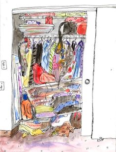 an open closet filled with clothes and other items in it's storage area, drawn by hand