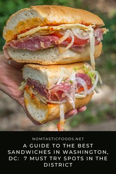 a person holding two sandwiches in their hands with the words, nomatticfood net a guide to the best sandwiches in washington dcy musi