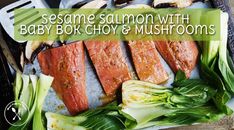 Sesame Salmon with Baby Bok Choy and Mushrooms is beyond easy and beyond delicious! It's loaded with omega-3s and all bakes on one sheet pan in less than Sesame Salmon, Sheet Pan Chicken Fajitas, 400 Calorie Meals, Whole30 Meal Prep, 21 Day Sugar Detox, Meal Prep On Fleek, Pan Chicken Fajitas, Sheet Pan Chicken, Prepped Lunches