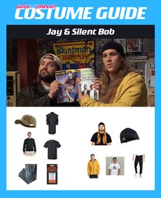 the costume guide for jay and silent bob is shown in front of a blue background