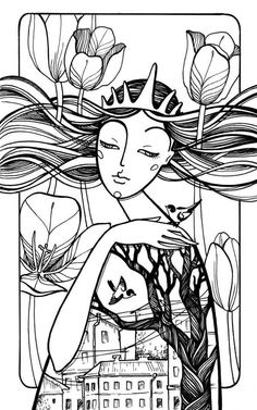 a black and white drawing of a woman with flowers in her hair, looking at the sky