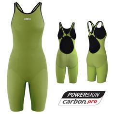 an image of a woman's green and black bodysuit with the words powerskin carbon pro on it