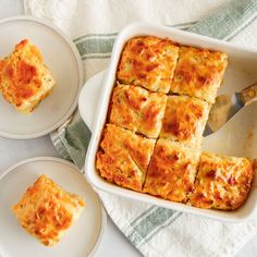 a casserole dish with four slices cut out and on plates next to it