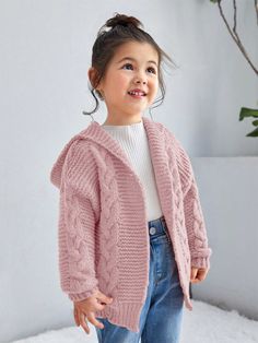 Pink Casual Collar Long Sleeve Knitwear Plain  Embellished Slight Stretch  Young Girls Clothing Cute Hooded Fall Sweater, Hooded Soft Knit Cardigan, Cute Knit Winter Outerwear, Cute Winter Knit Outerwear, Knitted Hooded Sweater Coat For Spring, Hooded Knitted Sweater Coat For Spring, Cute Winter Knitted Outerwear, Cute Pink Hooded Jacket For Fall, Cute Soft Knit Winter Outerwear