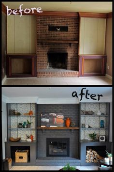 before and after pictures of a fireplace